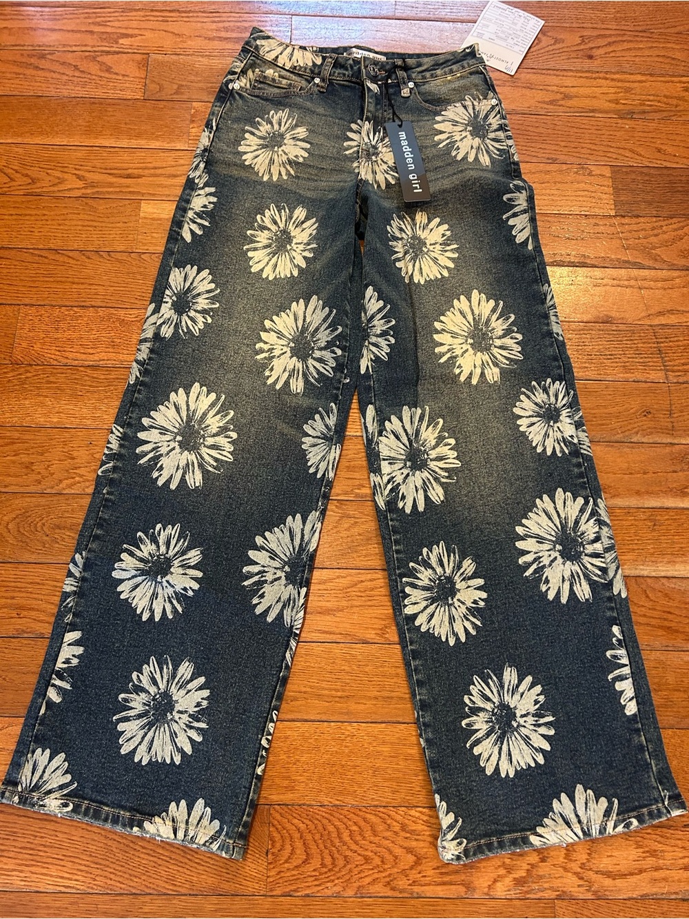 NEW Madden Girl Flare Bell Bottom Jeans Floral Flower All Over Print Size 5 28"